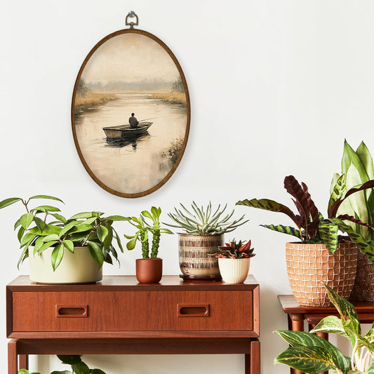 WULQYING Vintage Rustic Farmhouse Wall Art Decor, Nature Lake Fishing Boat Oval Framed Canvas Art Prints, Cottagecore Country Landscape Wall Hanging Decor for Home Bedroom Living Room, 8.6x11.4 Inches