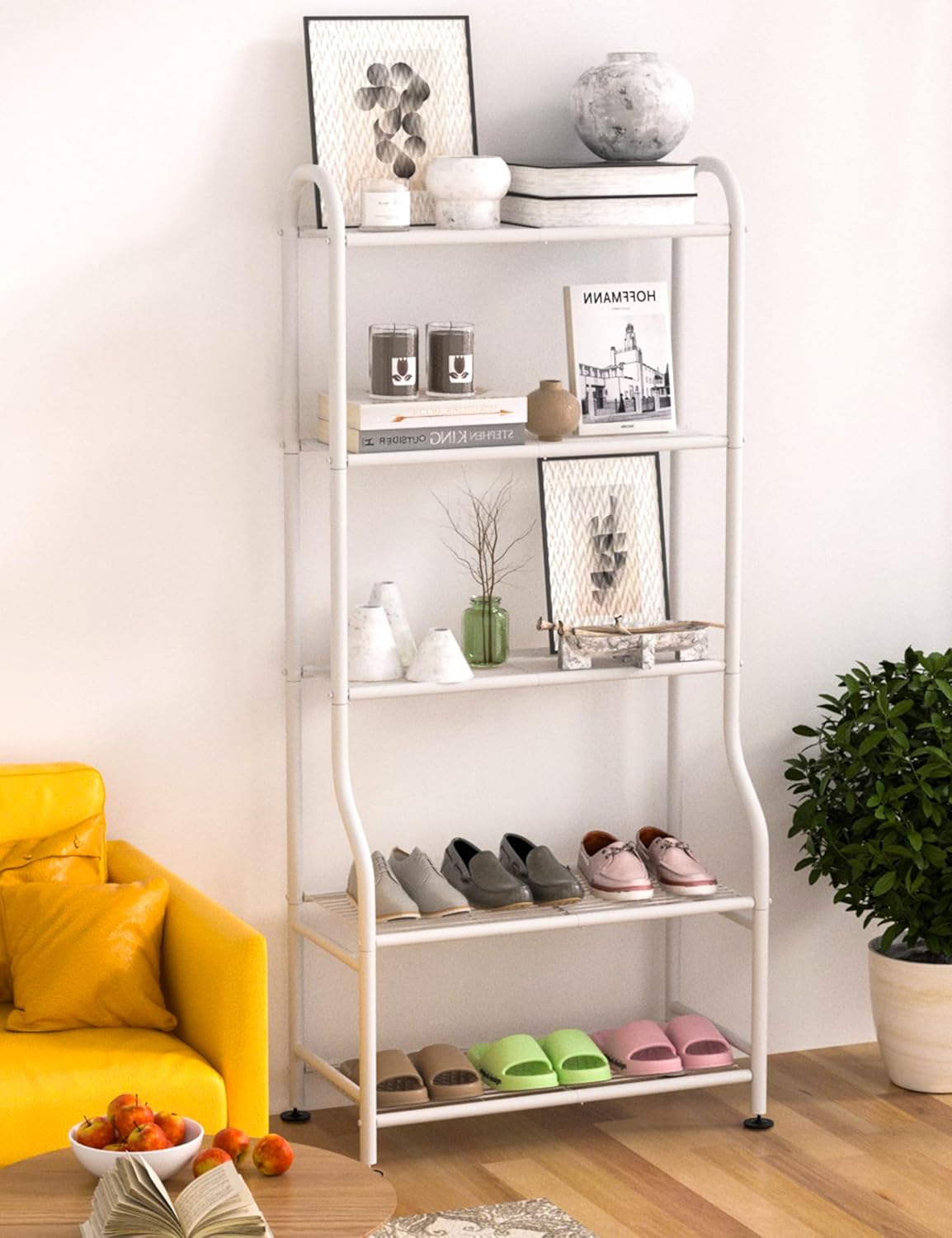 5-Tier Metal Plant Stand - Heavy Duty Indoor Outdoor Flower Shelf for Multiple Pots, 65" Tall Vertical Holder with Adjustable Leveling Feet & Wall-Fixing Kits, Black