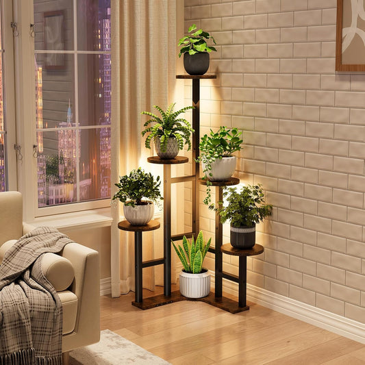 Yzosvki Corner Plant Stand Indoor, 6 Tiered Corner Plant Shelf Flower Stand for Multiple Plants, Plant Shelves Organizer Rack for Living Room, Balcony, Patio, Garden, Square Rustic Brown