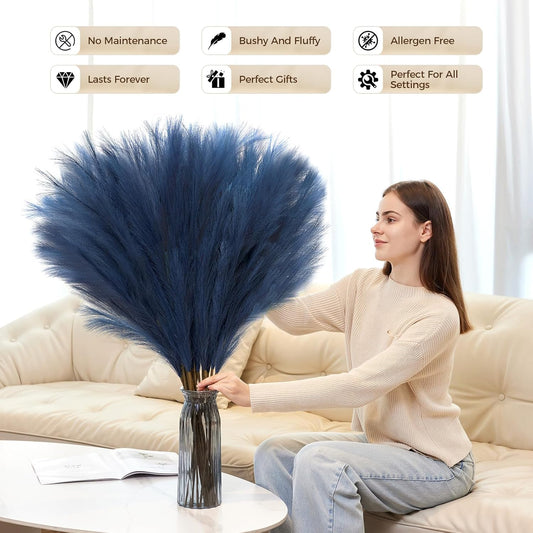10 Pcs 39''/3.2FT Faux Pampas Grass Decor, Large Tall Fluffy Artificial Fake Flower, Bedroom Decor Boho Decor Pompas Floral for Vase Filler Farmhouse Home Wedding Decor (Blue)