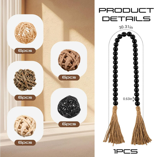 Halloscume 31 Pcs Wicker Rattan Decorative Balls with 30.3 Inch Wood Bead Garland Centerpiece Bowls Orbs Vase Fillers Wall Hanging Decor for Summer Home Farmhouse Wedding Party(Black)
