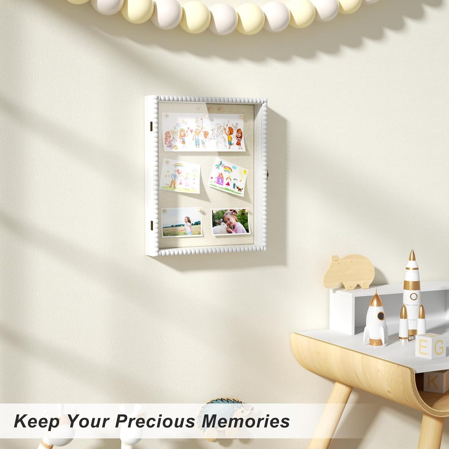 Love-KANKEI Shadow Box Frame 11x14, Deep Large Shadow Box Display Case with Unique Beads Door and Glass Window, Wood Memory Box for Pictures,Medals,Memorabilia,Collections White