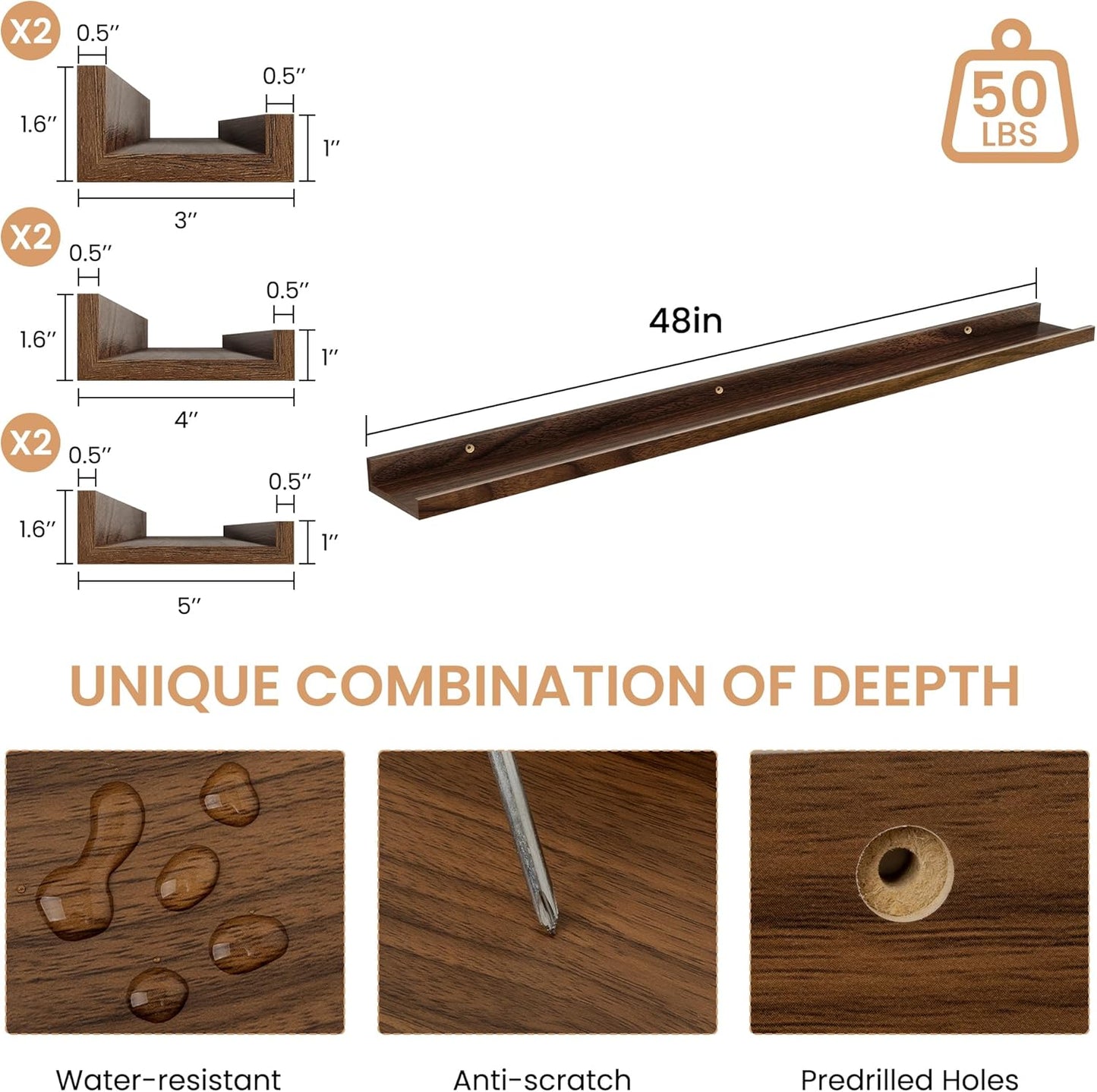 Acovy Picture Ledge Shelf Set of 6, 48 inch Long Large Floating Shelves for Wall with Lip, Wall Mounted Shelves for Living Room, Bedroom, Bathroom, Kitchen, Nursery,Oak