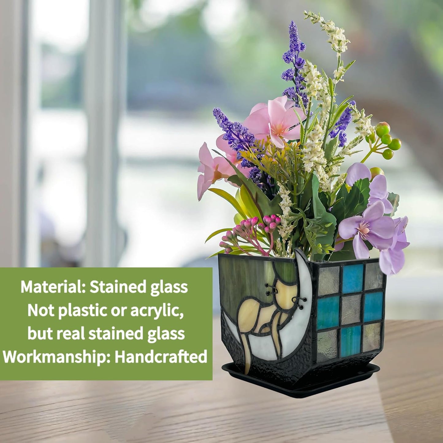 Tiffany Stained Glass Fun Moon Sleeping Cat Planter,Cactus Planter,Cute Planters for Indoor Plants,Decorative Flower Pots As Gifts for Cat Lovers,4.6x3x5.15 in