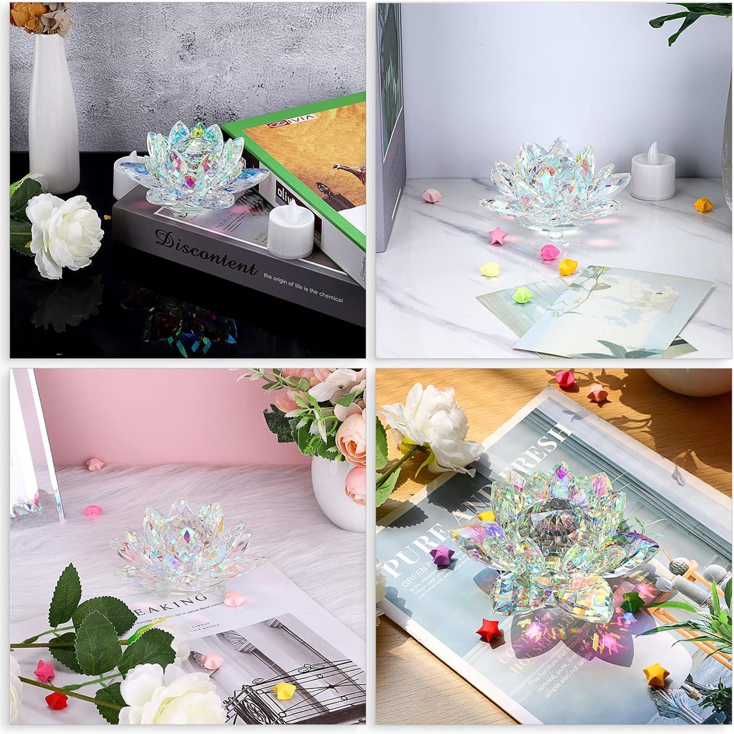 OwnMy 3 Inch Sparkle Crystal Lotus Flower Figurines Decorative Lotus Flower Ornament, Glass Lotus Feng Shui Decor Crystal Flower Paperweight for Home Office Tabletop Centerpieces