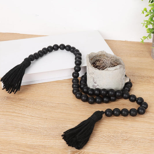 RAMIRABI Wood Beads Garland with Tassels Farmhouse Rustic Prayer Boho Beads for Boho Home Decor, Wall Hanging Decoration (Black)
