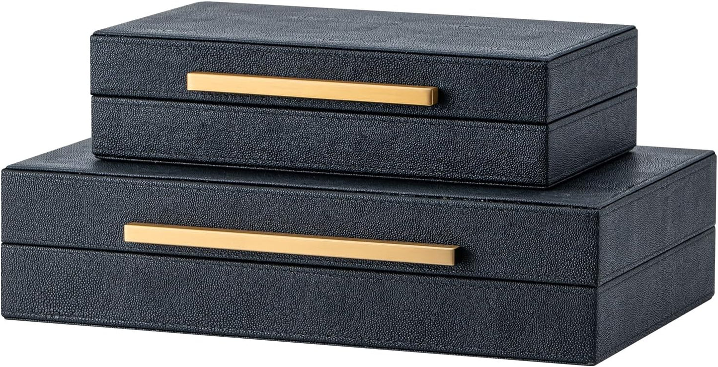 Set of 2 Beige Shagreen Decorative Storage Boxes with Gold Metal Handles – Faux Leather Jewelry & Memory Boxes, Nesting Photo Organizers for Home Decor