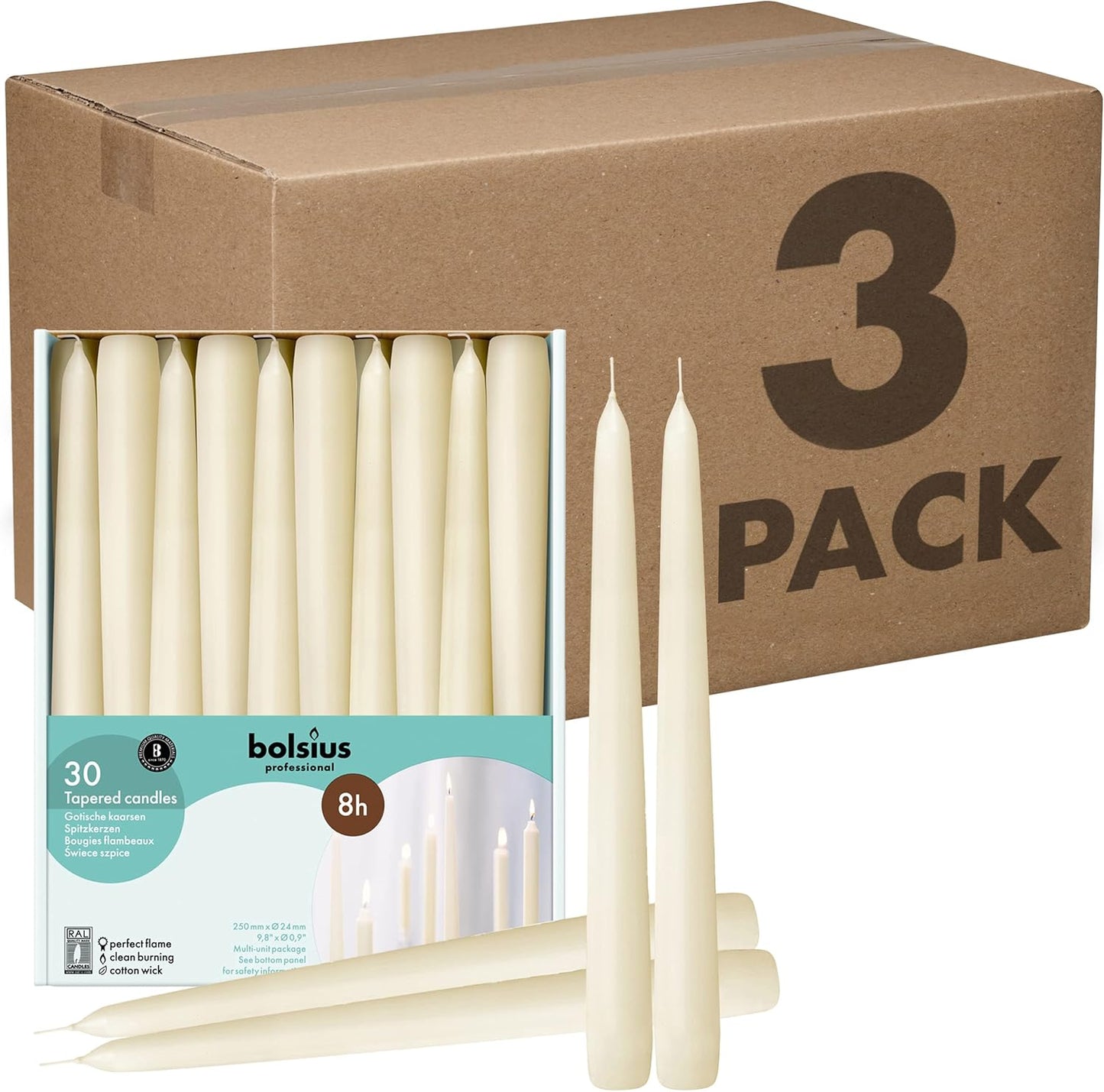 BOLSIUS Long Household Ivory Taper Candles - 10-inch Unscented Premium Quality Wax - 8 Hour Long Burning Dripless Candles Bulk Pack of 30 for Home Decor, Wedding, Parties and Special Occasions