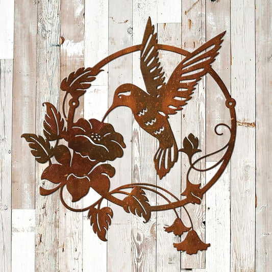 Zoihet Round Metal Bird Wall Art Decor - Hummingbird Wall Art Silhouette for your patio, garden, and fence Art Decor, Bird Wall Silhouette Indoor and Outdoor Hanging (Red)
