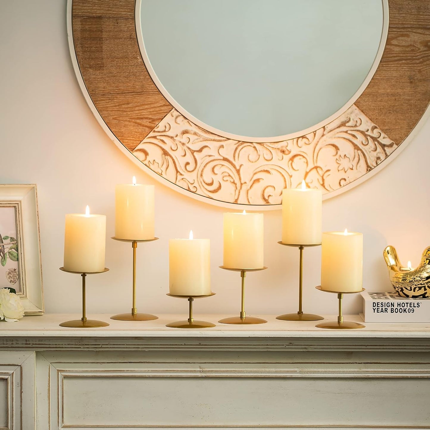 Pillar Candle Holders Candelabra Gold - Set of 12 Bulk Candle Stand Iron Plate Minimalism Modern Home Mantel Dinning Table Decorations Centerpiece for Wedding, Party, Housewarming, Events