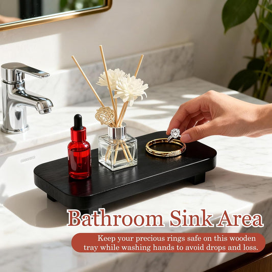 ECOECO Wood Riser for Decor,Widen Size Pedestal Stand for Bathroom,Farmhouse Decorative Tray Soap Holder for Perfume,Candle,Sponge,9" x 4.5"- Red Brown