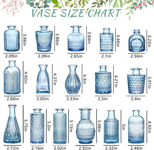 SUPMIND 16pcs Glass Bud Vase Set, Small Blue Flower Vases for Centerpieces in Bulk, Mini Vintage Vase for Wedding, Home Decor, Table Decoration
