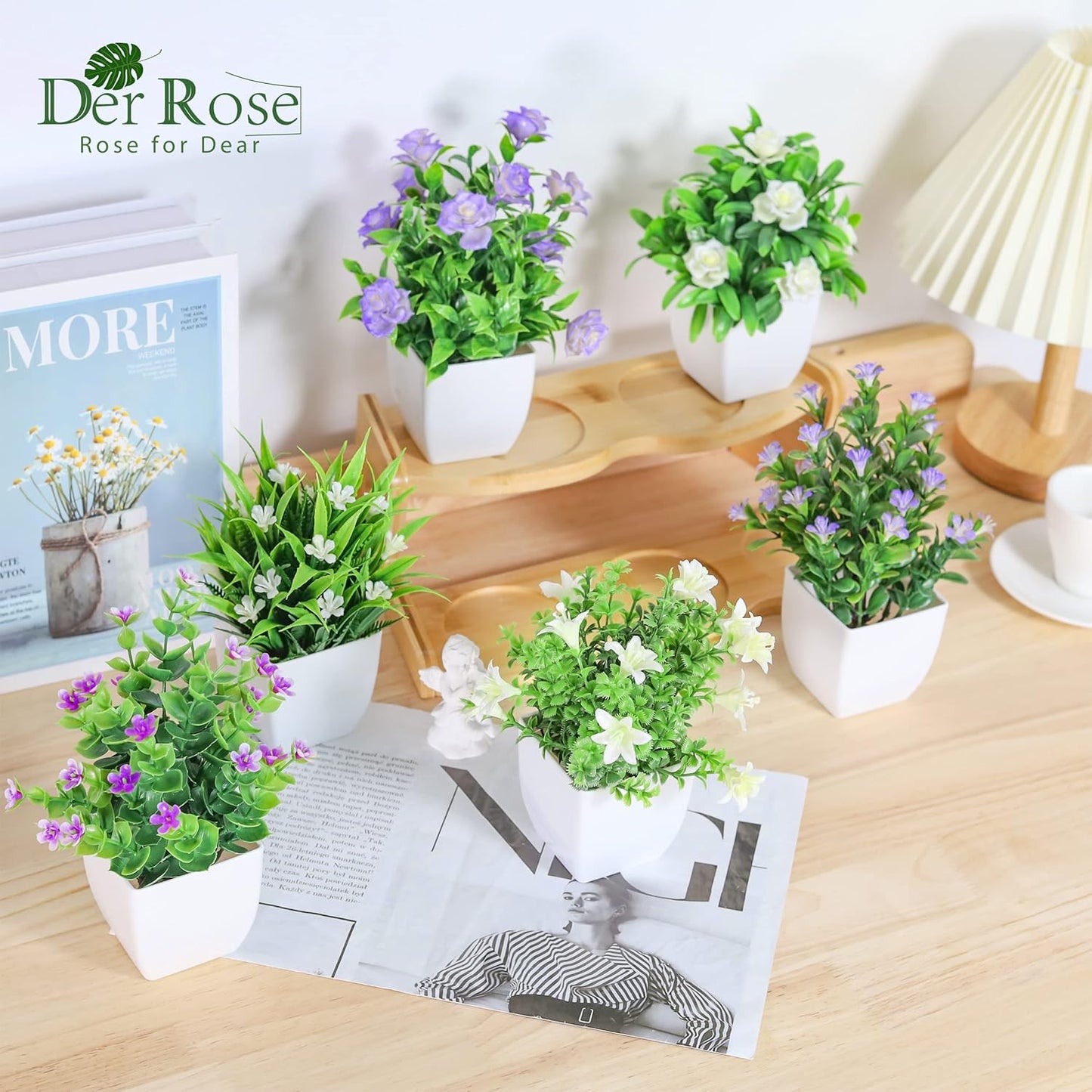 Der Rose 4 Pack Small Fake Plants Mini Artificial Faux Plants Indoor with Flowers Spring Decorations for Home Room Farmhouse Desk House Bathroom Decor