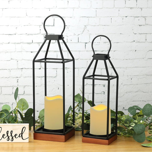 Perfnique Modern Farmhouse Lantern Decor, 15'' 13'' Set of 2 Black Metal Lantern, 2 LED 6hr Timer Flameless Candles & Remote Timer, Lanterns Decorative for Outdoor, Home, Indoor, Patio, Christmas