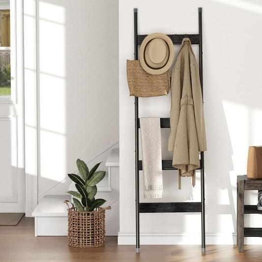 Blanket Ladder, 5-Tier Towel Holder with 4 Removable Hooks, Farmhouse Wall Leaning Decorative Rack Shelf, Wooden Towel Display Rack, Quilt Ladder for Living Room, Bedroom, Rustic Brown