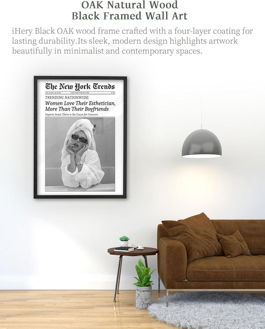 iHery Natural OAK Wood Audrey Hepburn Newspaper Trendy Framed Wall Art, 12x16 in Vintage Headline Canvas Bedroom Wall Decor, Better Late Than Ugly,Bathroom Artwork Apartment Girly Dorm Room 1Pack - Colors A