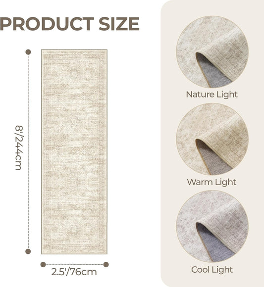 Rug Runners for Hallways Non Slip - 2x8 Runner Rug for Bedroom, Washable Runner with Rubber Backing, Soft Low-Pile Carpet for Kitchen, Laundry, Bathroom (2'x8', Beige/Ivory) - Colors A