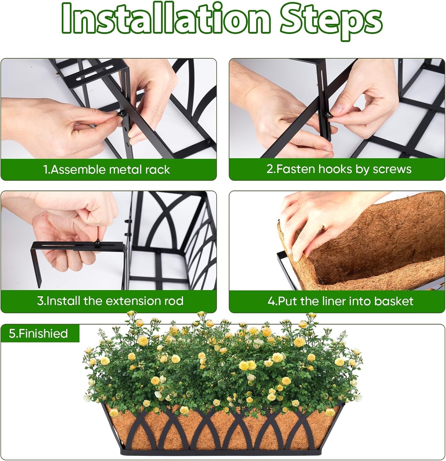 LCHUANG Deck Railing Planter Window Box - 3 Pack 24 Inch Deck Balcony Rail Planter with Coconut Coir Liner, Fence Metal Hanging Flower Planter Basket Deck Railing Planter Boxes for Outdoor Lawn