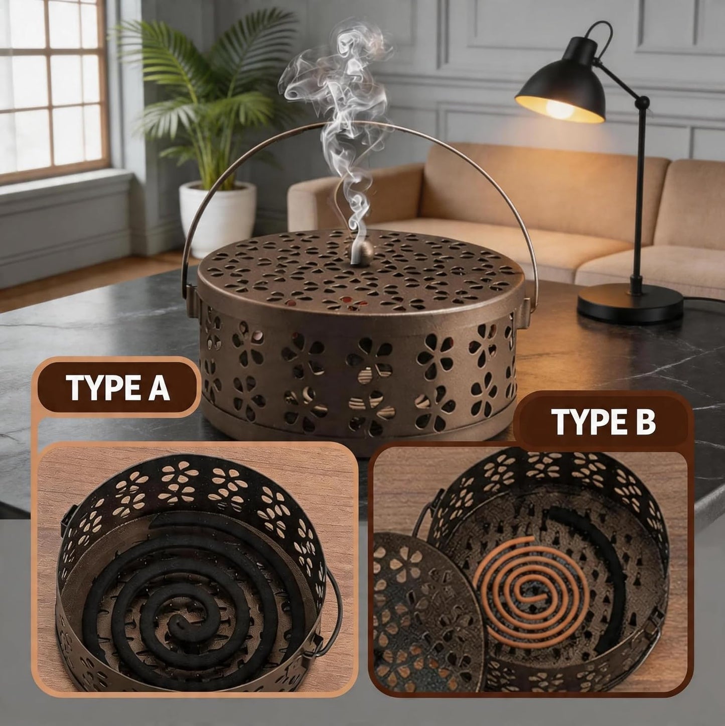 2-Pack Retro Bronze Mosquito Coil Holder, Outdoor Citronella Incense Sticks Burner, Metal Incense Holder with Handle