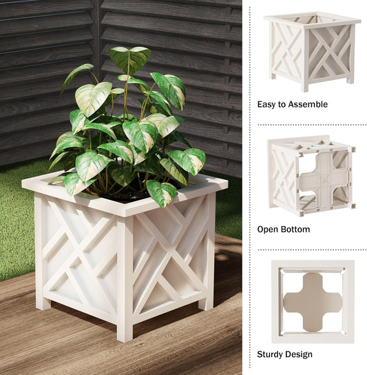 Lattice Design Outdoor Planter Box - 14.75” Square 13” Tall White Plant Pot - Decorative Plant Pots for Front Porch Decor - Flower Pots Outdoor Planters for Porch Patio or Garden Decor by Pure Garden