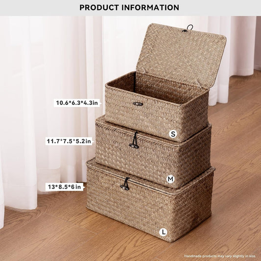 Nonam Storage Basket with Lid, Natural Seagrass Bin with Lid Set of 3, Shelf Baskets Multipurpose Container for Boho Decoration, Rectangular Household Storage Boxes for Home Organization-Natural