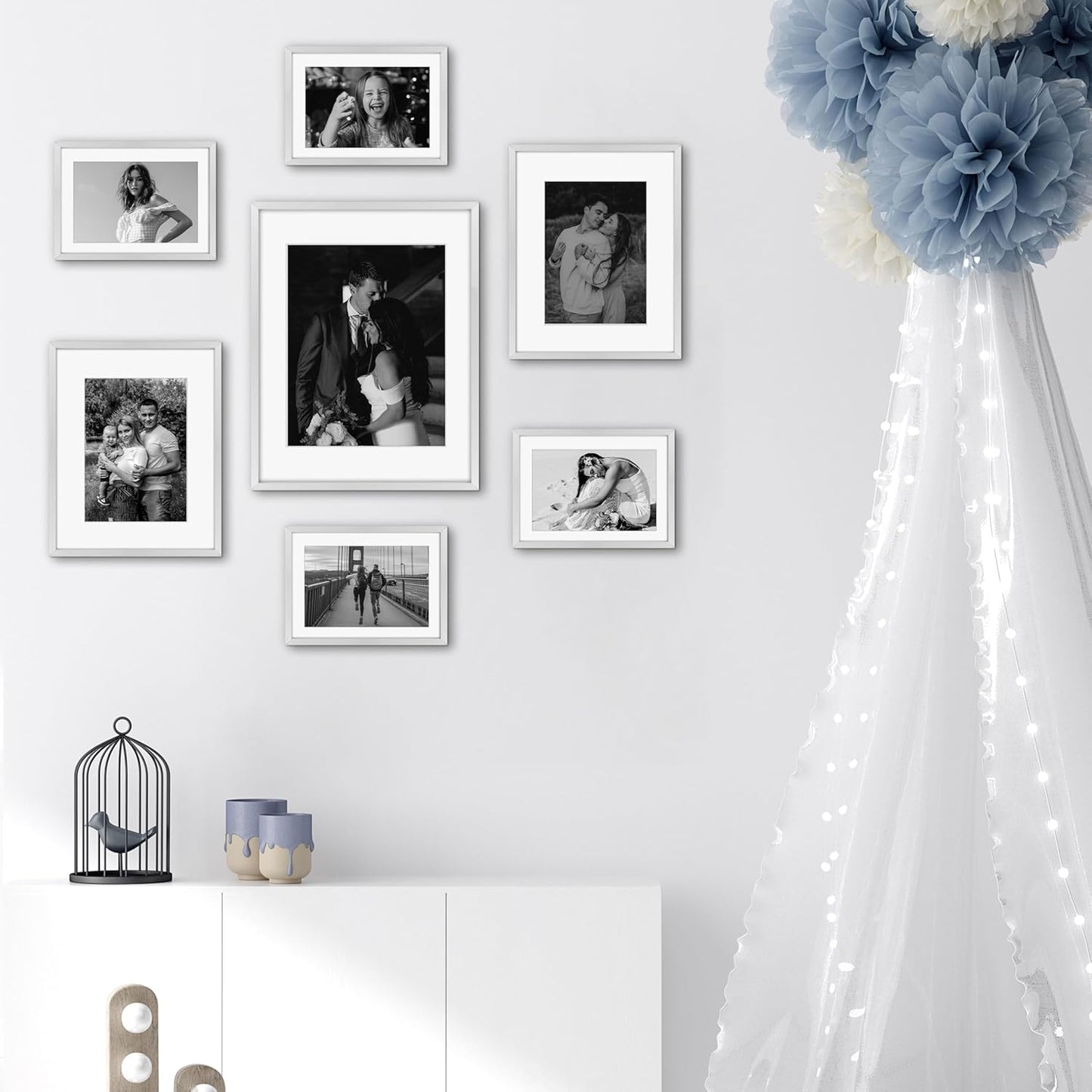 Frametory, Black Aluminum Picture Frame with Removable Mat - Set of 7 Includes Four 5x7, Two 8x10, One 11x14 - Real Glass Front - Simple Gallery Wall Frames for Art Prints and Posters