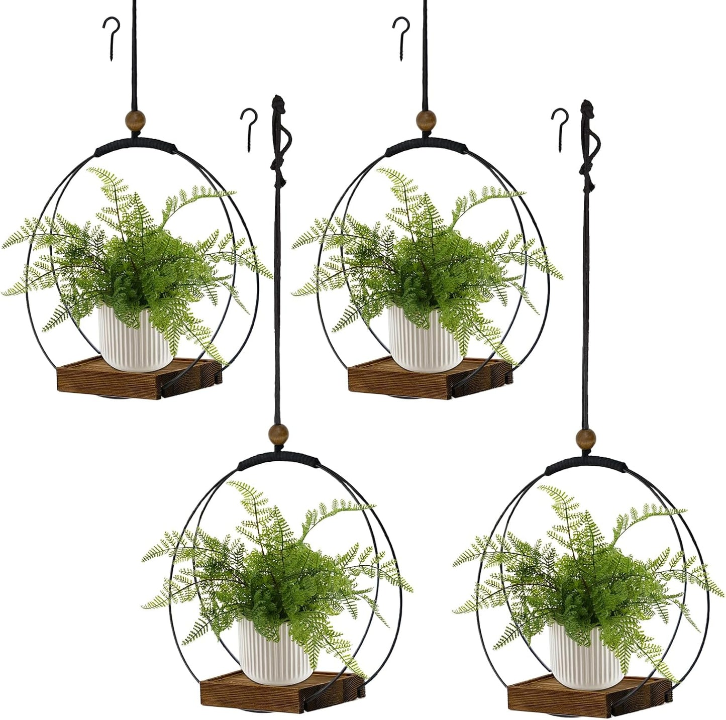 Hanging Planter for Indoor Plants, Black Plant Hanger Indoor with Sturdy Wood Base, Modern Boho Macrame Plant Hanger for 3-5.5 Inch Pot, Hanging Wall Ceiling Window Home Decor (Pots Not Included)