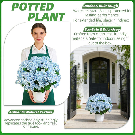Artificial Hydrangea Bush – 20 Inch Potted Faux Hydrangea Plant, UV Resistant Outdoor Hydrangea Artificial Plants for Front Porch, Garden, Patio & Indoor Decor