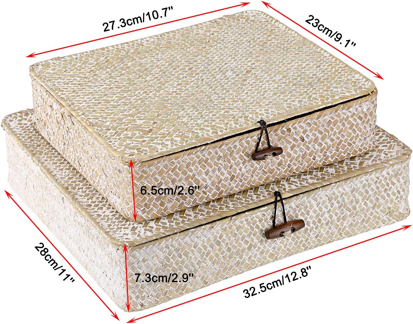 Hipiwe Set of 2 Flat Woven Wicker Storage Bins with Lid Natural Seagrass Basket Multipurpose Home Boxes for Shelf Organizer (Coffee)