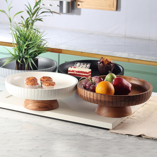 Mango Wood fruit bowl, Decorative black bowl with natural finish pedestal | 12" dia | Dual tone look | Use as Centerpiece for kitchen counter or dining table (Black)
