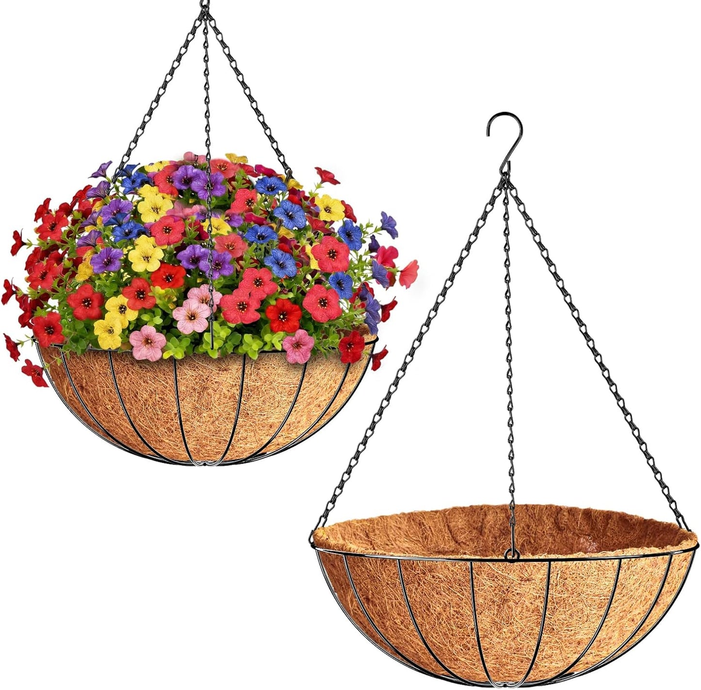 ZeeDix 2 Pack 14 Inch Hanging Baskets for Plants Outdoor, Metal Wire Round Planters with Coco Liner, Hanging Flower Baskets for Home Garden Porch Balcony Railings Decor