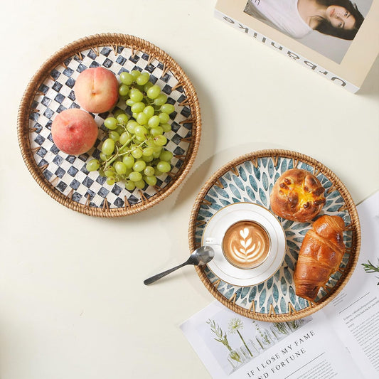 Round Rattan Tray with Mother of Pearl Inlay, Decorative Wicker Serving Tray with Wooden Base, Woven Basket Trays for Bread Fruits Coffee, Leaf