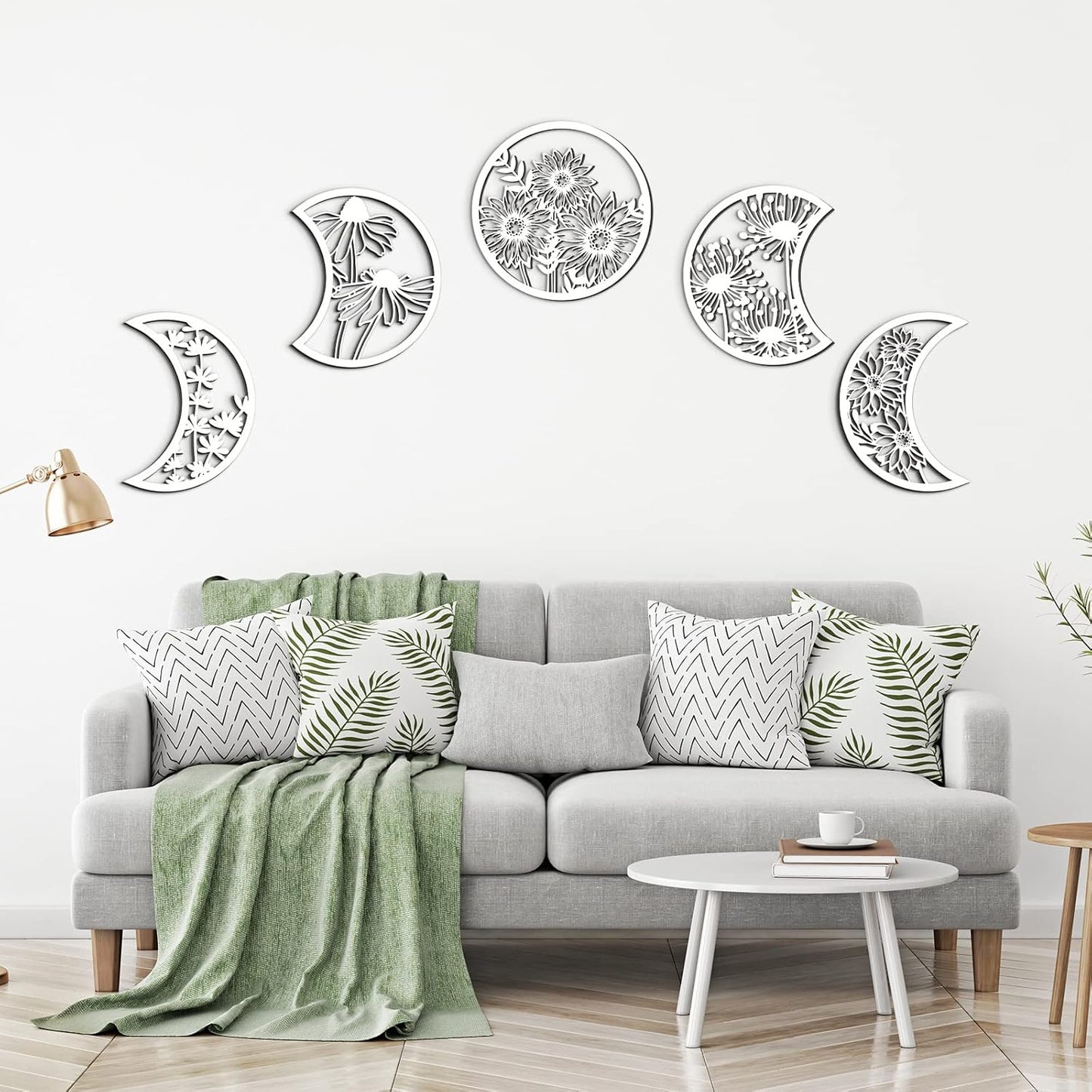 Jetec 5 Pcs Moon Phase Wall Art Decor Wall Pediments Hanging Wooden Phase Spiritual Bedroom Nordic Boho Lunar Aesthetic Art for Living Room Dorm Apartment Ornament(Brown,10.6 Inch,Botanical)
