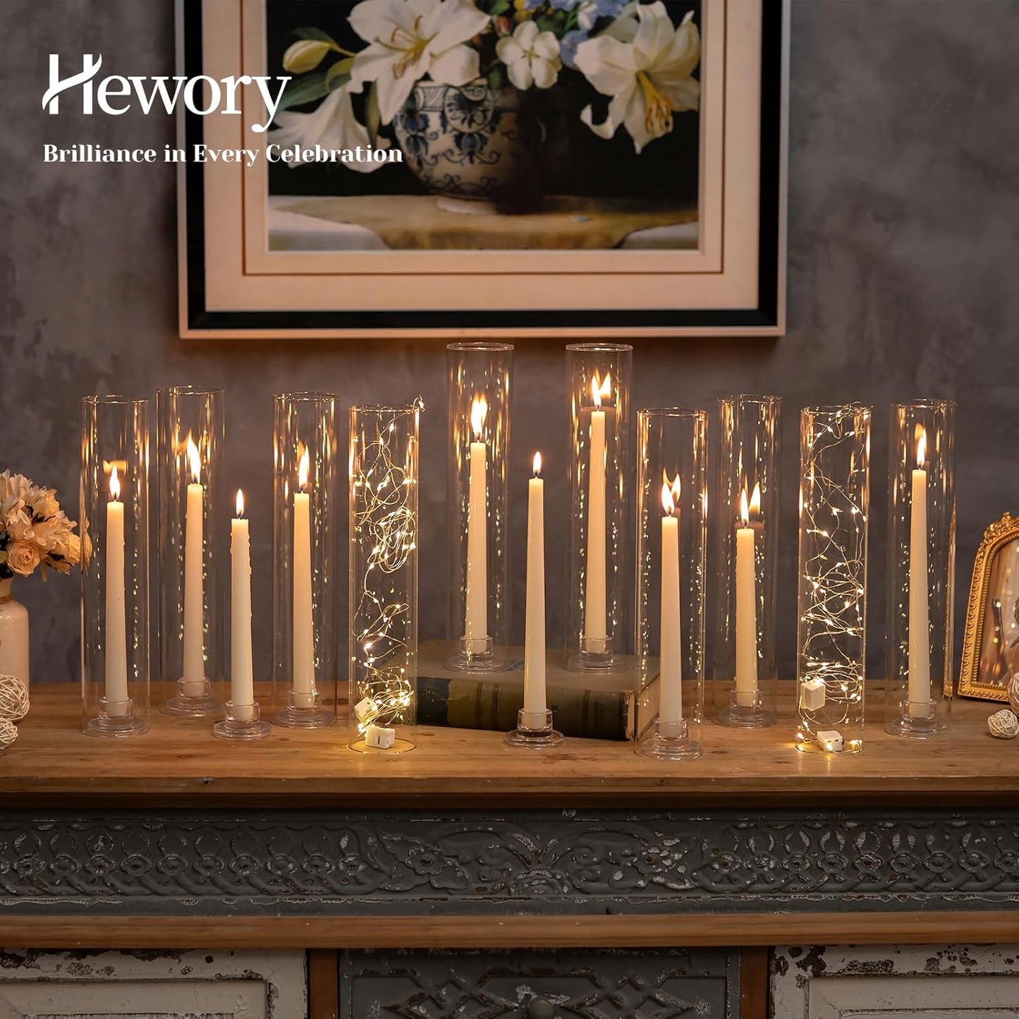 Hewory Hurricane Glass Candlestick Holders: 24PCS Clear Taper Candle Holders for Candlesticks with Windproof Design Ideal for Event Organizers for Table Centerpieces Weddings Christmas Home Decor
