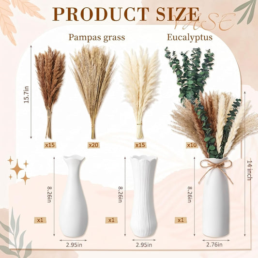 Hushee 3 Set 60 Pcs Dried Pampas Grass with Vase for Table Decor, Boho Ceramic Vase with Eucalyptus Dried Flowers Bouquet, 16" Boho Rustic Fluffy Flowers for Wedding Mantel Entryway Kitchen Home Decor