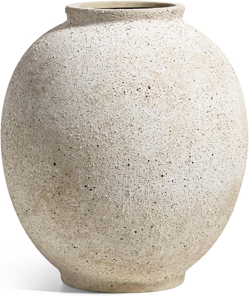 Large White Ceramic Vase - 9.8 Inch Rustic Farmhouse Flower Vase for Home Decor, Minimalist Tall Vases for Living Room, Table, Bathroom, Holiday & Weddings (Sandstone White)