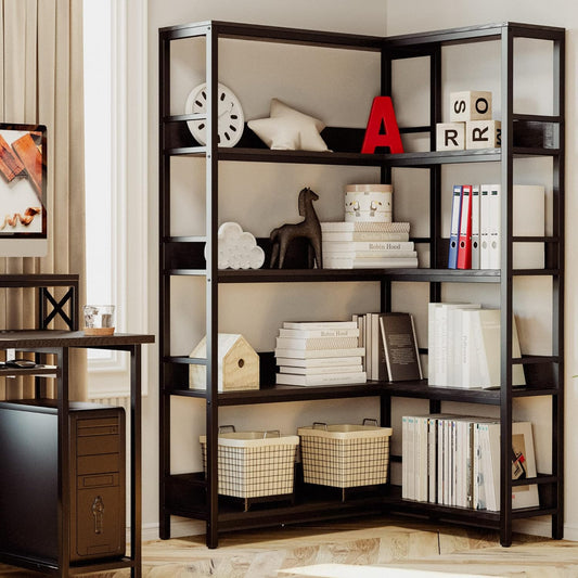 IRONCK Corner Shelf 5 Tiers 70LB Capacity L-Shaped Bookshelf with Baffles and Metal Frame for Home Office Living Room Kitchen Storage and Display