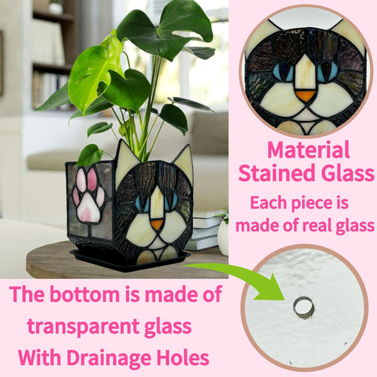 Tiffany Stained Glass Fun Moon Sleeping Cat Planter,Cactus Planter,Cute Planters for Indoor Plants,Decorative Flower Pots As Gifts for Cat Lovers,4.6x3x5.15 in