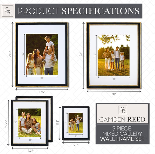 Camden Reed Mixed Gallery Wall Frame Set, (2) 16x20 Inch, (1) 11x14 Inch, and (2) 8x10 Inch, 9 Piece, Brass