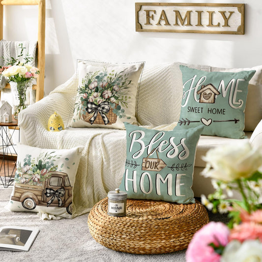 AVOIN colorlife Bless Our Home Farmhouse Eucalyptus Leaves Throw Pillow Covers, 18 x 18 Inch Truck Home Sweet Home Cushion Case Decorations Set of 4