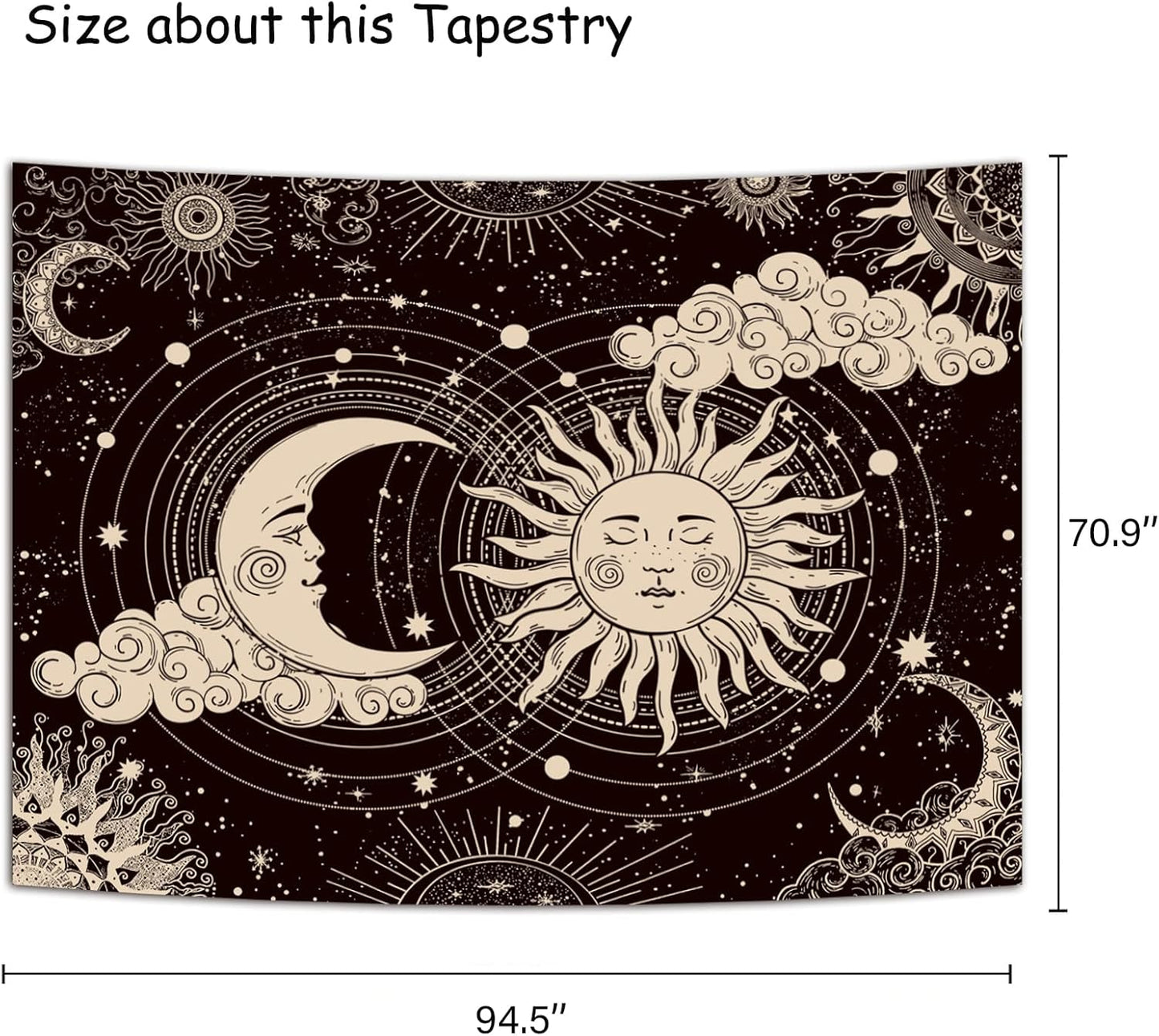 Wonrizon Sun and Moon Tapestry, Aesthetic Black Dark Spiritual Tapestries Mystic Burning Sun with Clouds Star Wall Hanging decor for Bedroom (51.2" x 59.1")