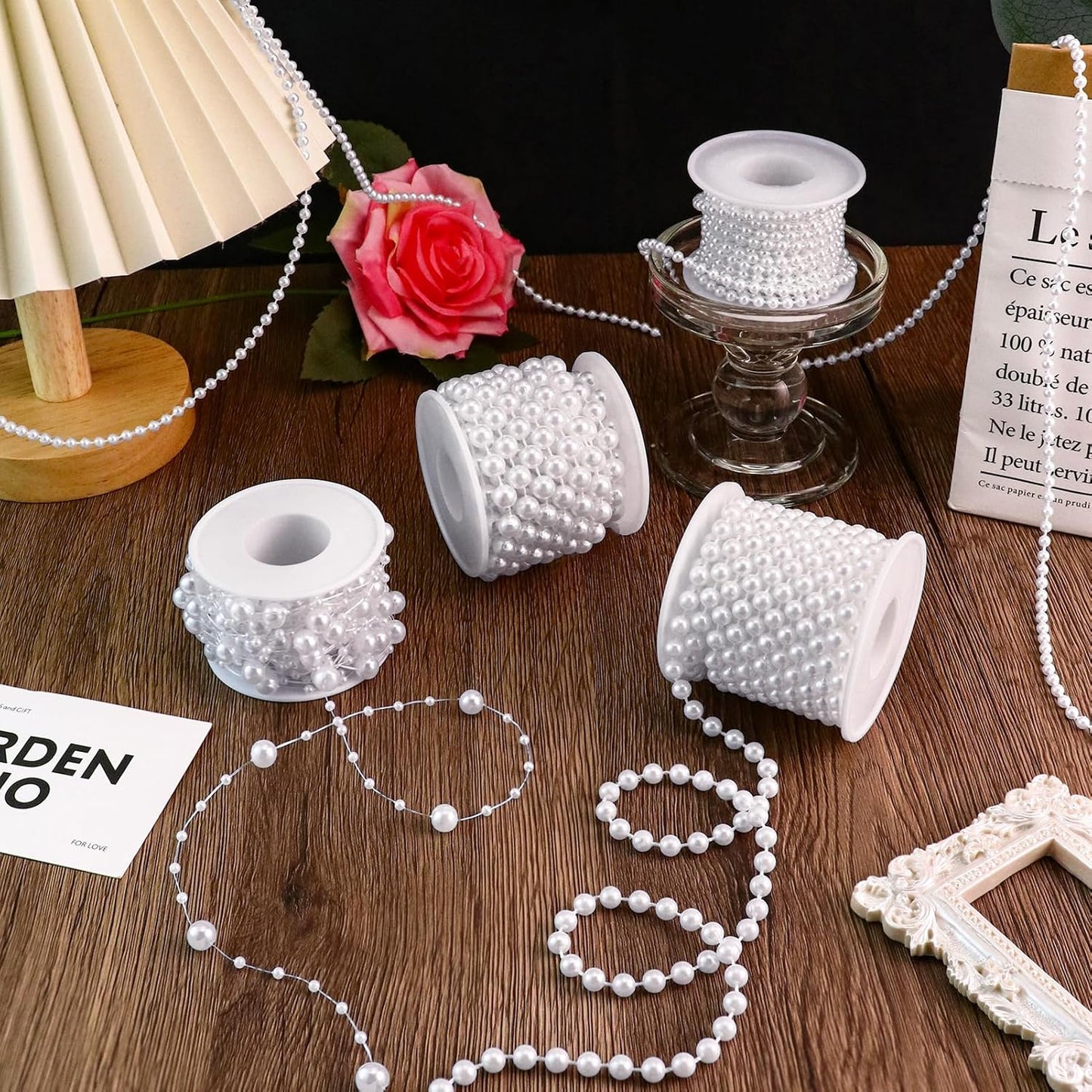 4 Rolls 76 Feet Pearls String Garland, Faux Pearl Beads Roll Strand for Crafts, Artificial Pearls Chain Trim for Wedding Party Flower Valentine Christmas Decoration, 4mm 6mm 8mm 8+3mm, Ivory