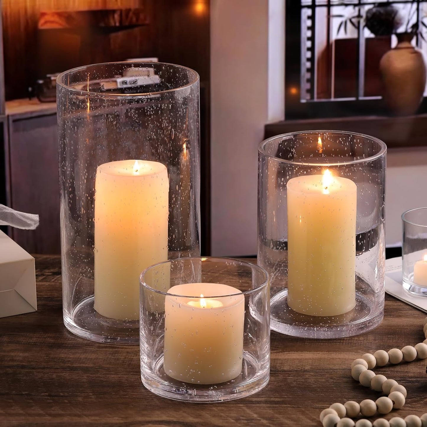 NITIME Hurricane Candle Holder Set of 3 Clear Candle Holders for Pillar Candles, Seeded Bubbles Glass Candle Holder for table centerpiece, Glass Cylinder Vases for Home, Patio and Wedding 8"4.7"3.5"H