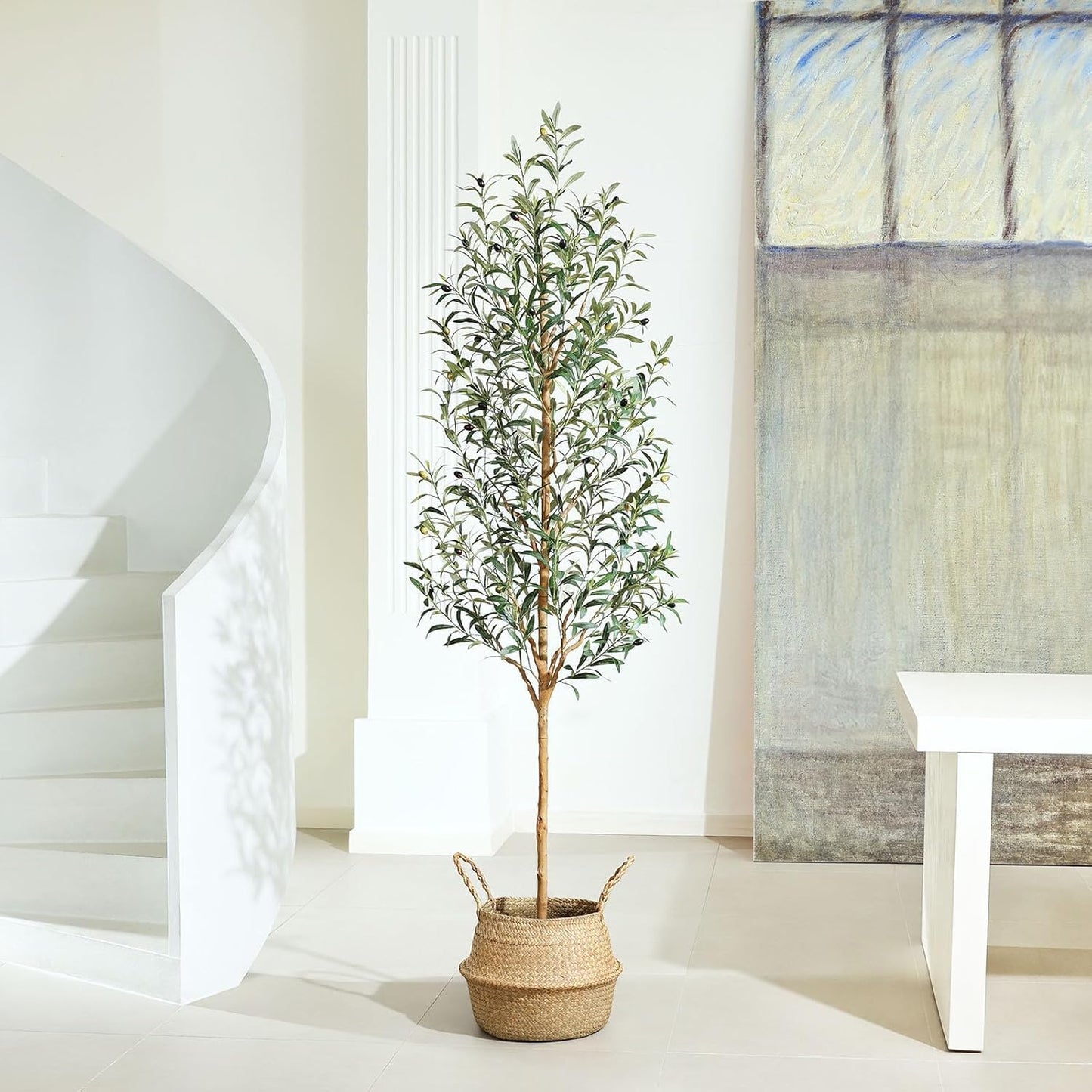 Faux Olive Tree 6FT – Tall Artificial Plants Indoor with Real Wood Trunk & Seagrass Basket, Lifelike Silk Leaves & Fruits – Potted Large Fake Trees for Home, Living Room, Bedroom & Office Decor
