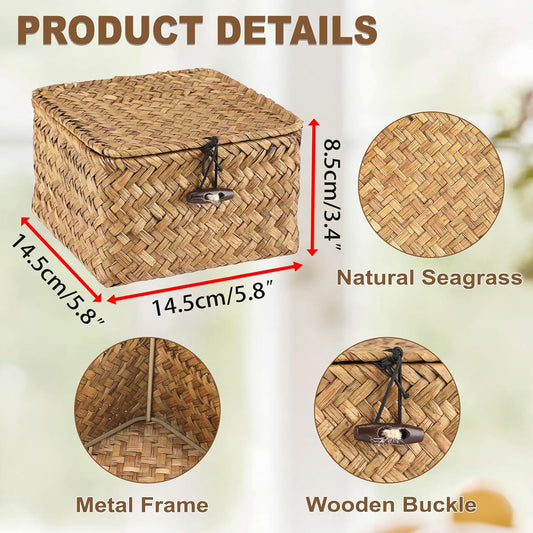 Hipiwe Seagrass Basket with Lid Wicker Storage Basket Square Handwoven Decorative Baskets Box for Shelf Multipurpose Household Baskets Home Decor,X-small