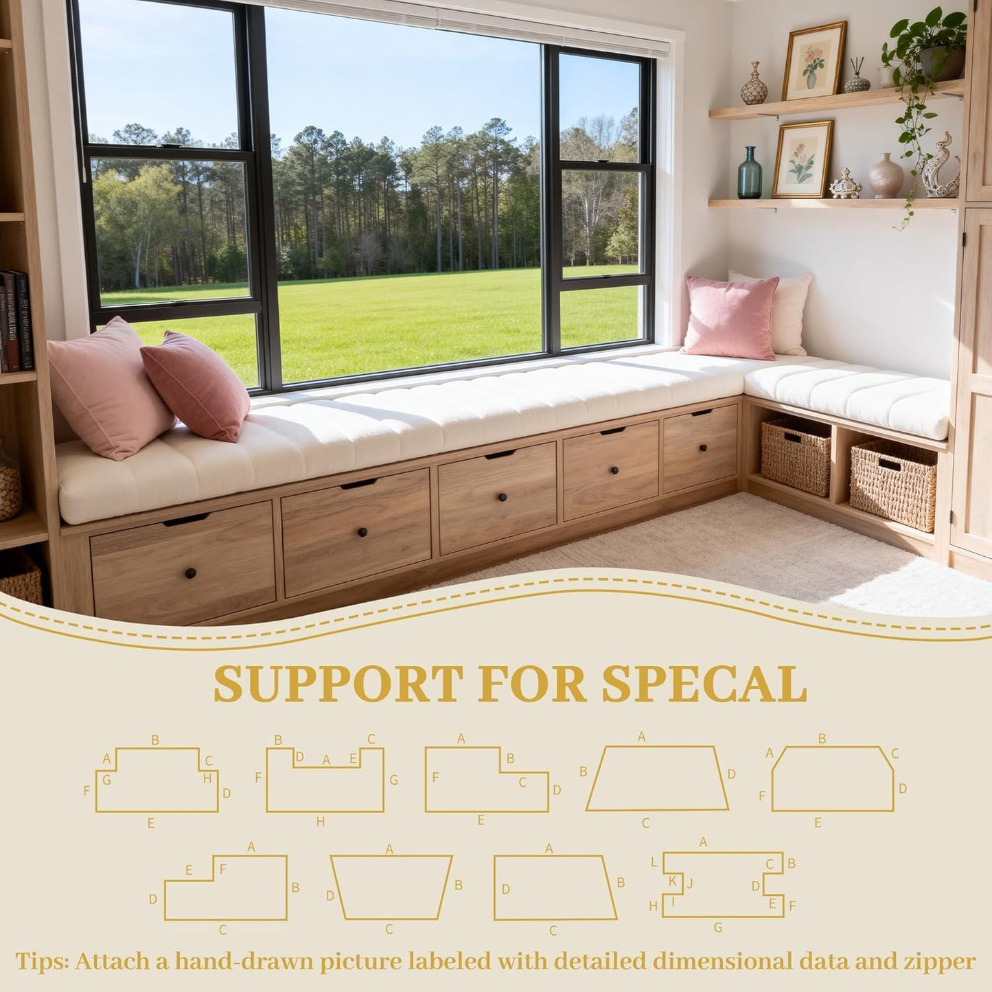 Custom Size Bench Cushion, Custom Bench Cushions for Indoor Furniture, 75D Foam Furniture Window Seat Cushion, Breakfast Nook, Mudroom, Banquette Bench Cushion, Non-Slip Bottom, Pipe Design