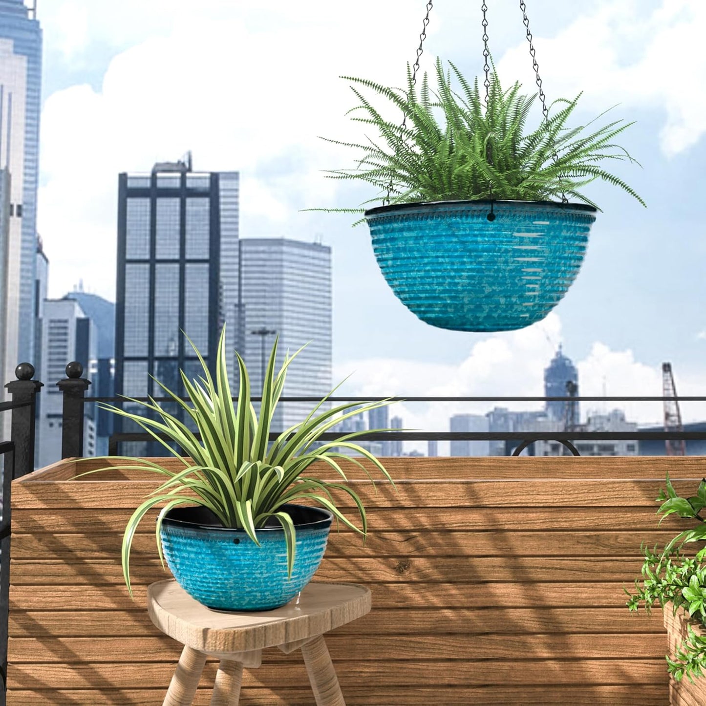 Vanslogreen 2 Pack Hanging Planters for Indoor Outdoor Plants, 10 Inch Hanging Planter with Drainage Hole & Plug Glazed Hanging Baskets Flower Pots for Garden Home (Blue)