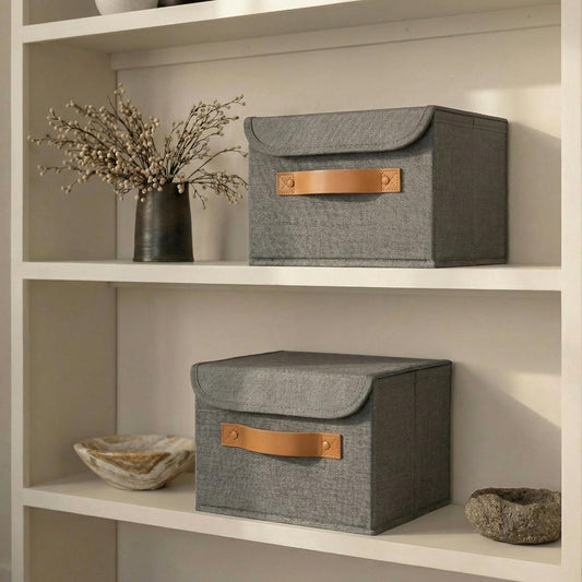 Decorative Linen Storage Boxes with Lids - Spacious Set of 2 Organizer Bins for Your Home Decor - The Perfect Small Container to Safely Store Photos, Documents and Memory Box Keepsakes in Style