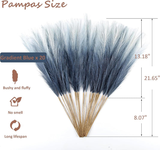 20Pcs Navy Blue Gradient and White Faux Pampas Grass Decor, 21.7"" Pompas Grass Flower Arrangement and Vase Filler for Boho Home Wedding Decoration, Black