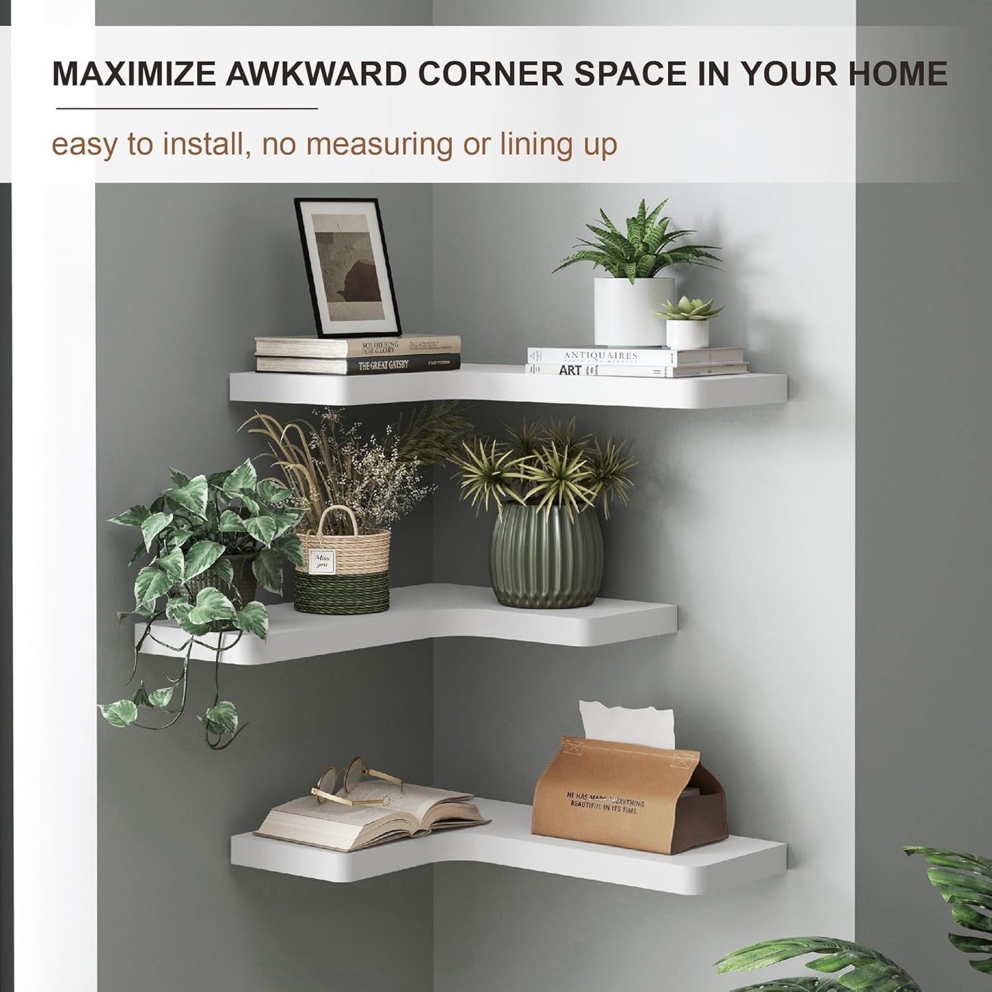 fuqing Floating Corner Shelves, Wall Shelf Set of 3, Shelves for Wall Storage, Solid Wood Shelves for Storage, Wall Mount Wooden Display Shelf for Bathroom Bedroom Kitchen Garage, Rustic Brown